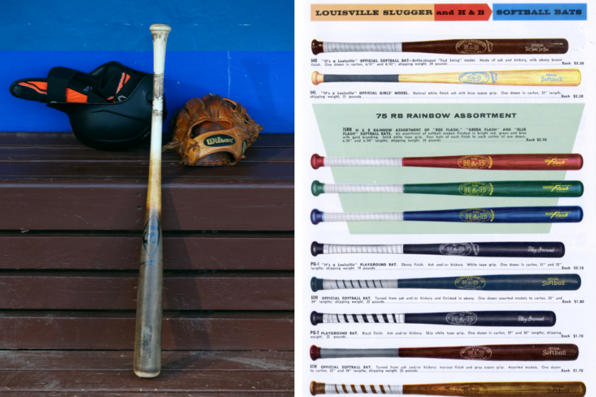 San Francisco Giants Helmet, Bat and Glove/Advertisement for Louisville Slugger features an assortment of softball bats, 1958