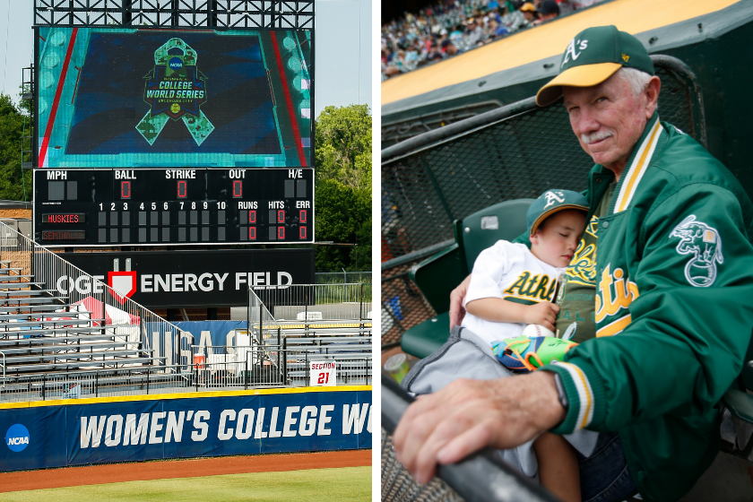 The scoreboard at USA Softball Hall of Fame Stadium - OGE Energy Field, A Grandfather hold his sleeping Grandson at an Oakland Athletics game. 