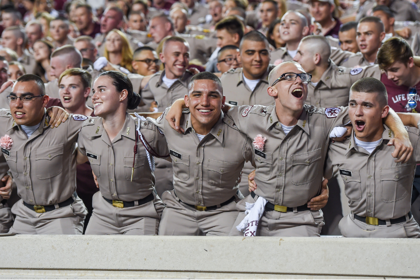 Texas A&M Corps of Cadet members sing the Aggie Way Hymn
