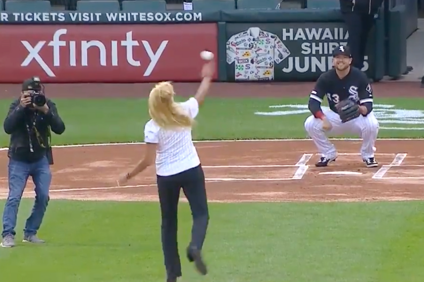 Woman nails cameraman with ceremonial first pitch at Chicago White Sox game
