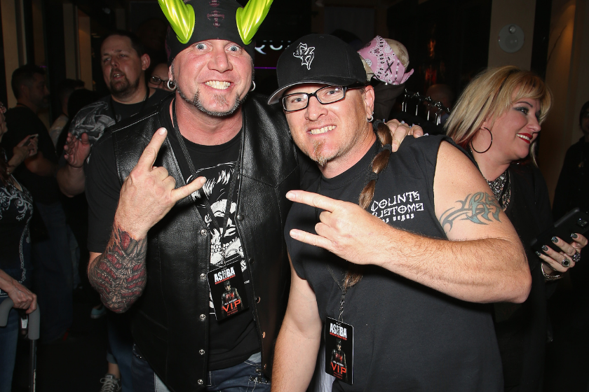Television personalities "Horny" Mike Henry (L) and Roli Szabo of "Counting Cars" attend the grand opening of guitarist Dj Ashba's Ashba Clothing Store at the Stratosphere Casino Hotel on April 7, 2016 in Las Vegas, Nevada