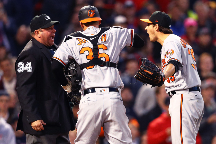 Kevin Gausman #39 of the Baltimore Orioles reacts after being ejected by umpire Sam Holbrook
