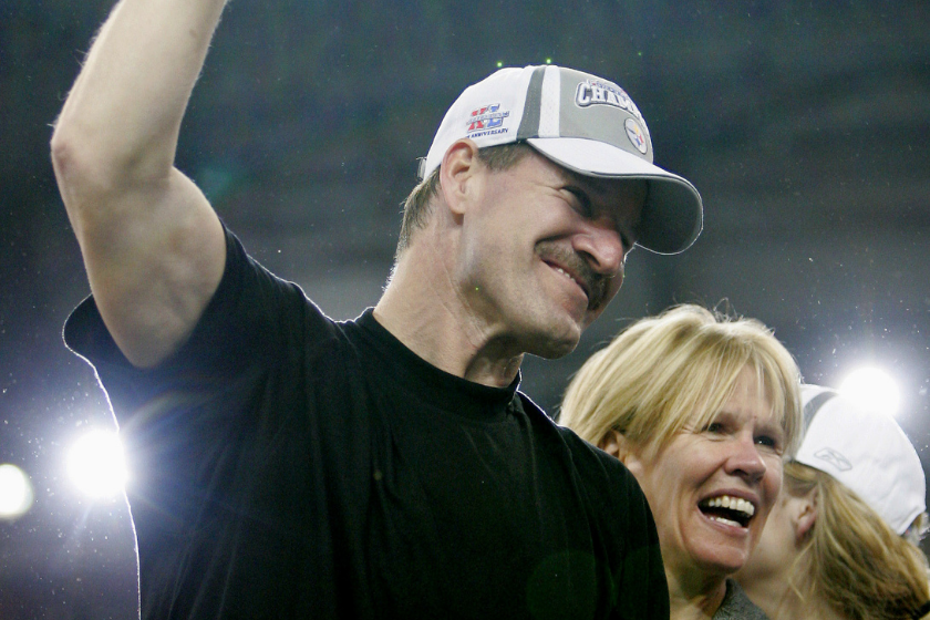 Bill Cowher celebrates winning Super Bowl XL with his wife Kaye.