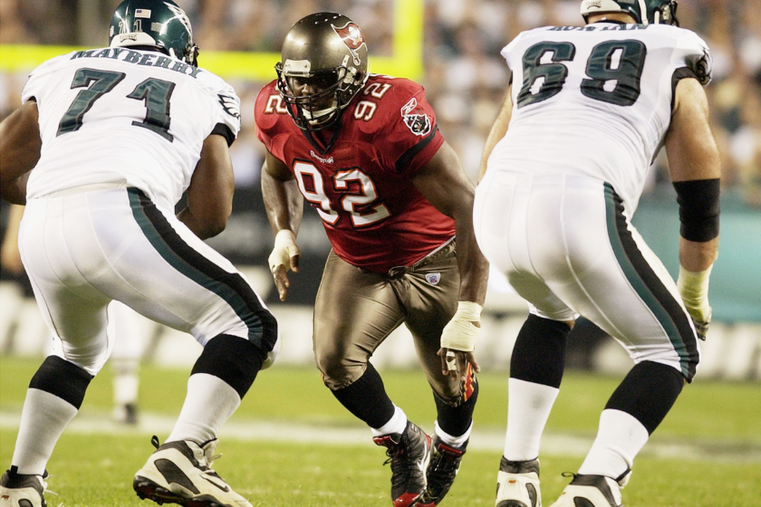 Tampa Bay Buccaneers DT Booger McFarland lines up against the Philadelphia Eagles.