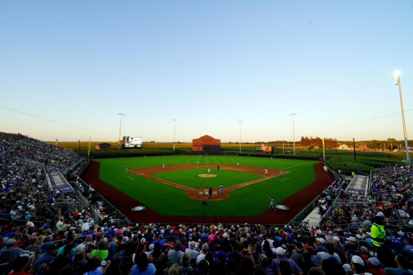 A view of the Field of Dreams during a game between two minor league teams.