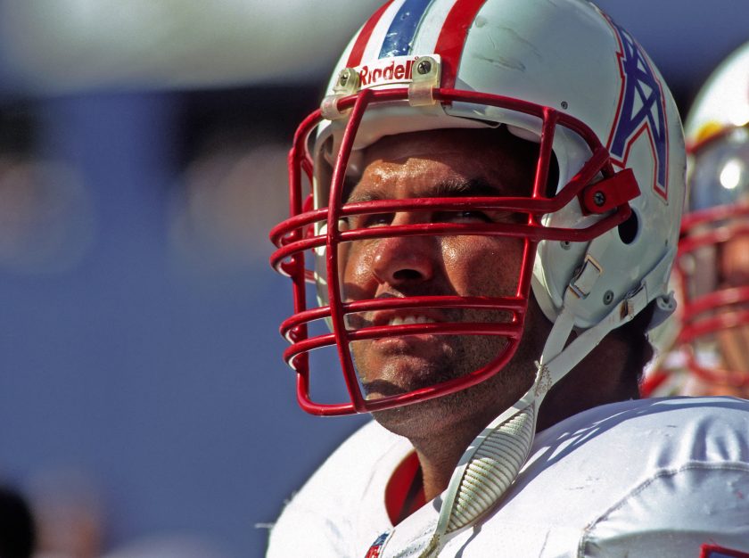 Offensive lineman Bruce Matthews of the Houston Oilers looks on from the sideline during a game against the Pittsburgh Steelers at Three Rivers on September 29, 1996.
