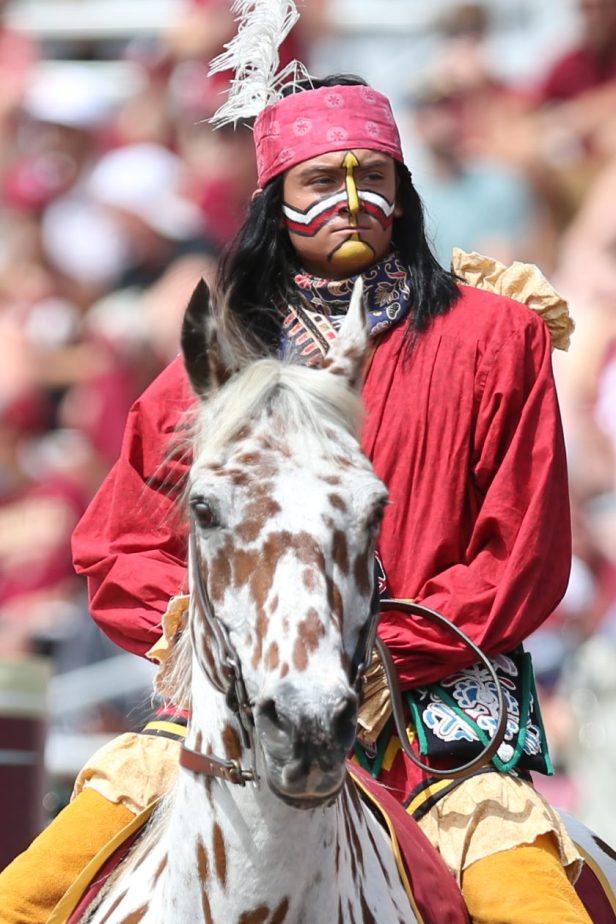 Florida State Seminoles mascot Chief Osceola rides Renegade during the game between the Boise State Broncos and the Florida State Seminoles on August 31, 2019 at Doak Campbell Stadium.