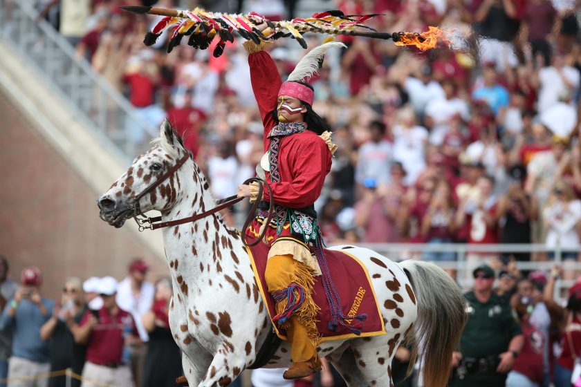 Florida State Seminoles mascot Chief Osceola rides Renegade during the game between the Boise State Broncos and the Florida State Seminoles on August 31, 2019 at Doak Campbell Stadium.