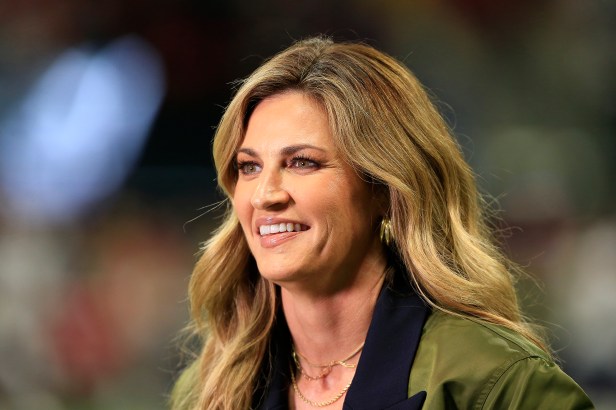 Erin Andrews smile during a game between the Atlanta Falcons and New England Patriots.