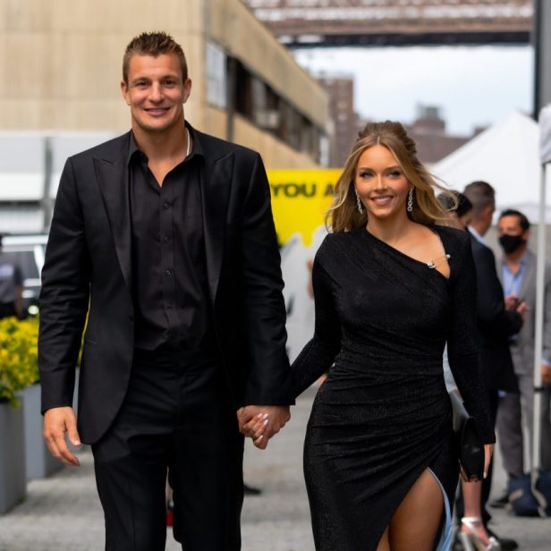 Rob Gronkowski and Camille Kostek are seen arriving at the 2021 ESPYS at Pier 17 on July 10, 2021