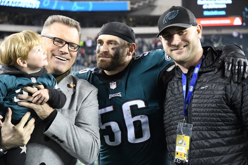 Philadelphia Eagles defensive end Chris Long poses with his father Howie Long and brother Kyle Long during the 2017 NFC Championship game.