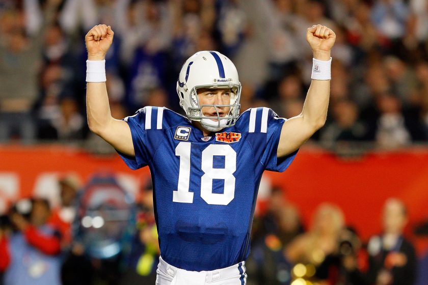 Peyton Manning celebrates after a touchdown in the third quarter against the New Orleans Saints during Super Bowl XLIV.