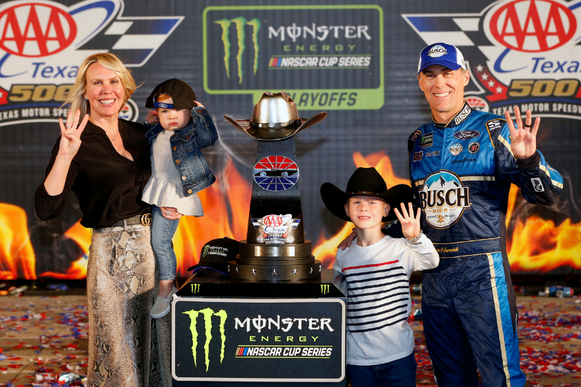 Kevin Harvick celebrates in Victory Lane with his wife, Delana, and their children, Keelan(right) and Piper, after winning the Monster Energy NASCAR Cup Series AAA Texas 500 at Texas Motor Speedway on November 03, 2019