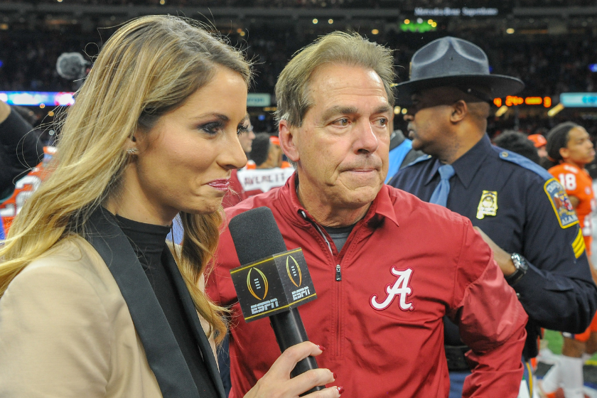 Alabama Crimson Tide head coach Nick Saban is interviewed by ESPN sideline reporter Laura Rutledge following the College Football Playoff Semifinal at the Allstate Sugar Bowl between the Alabama Crimson Tide and Clemson Tigers