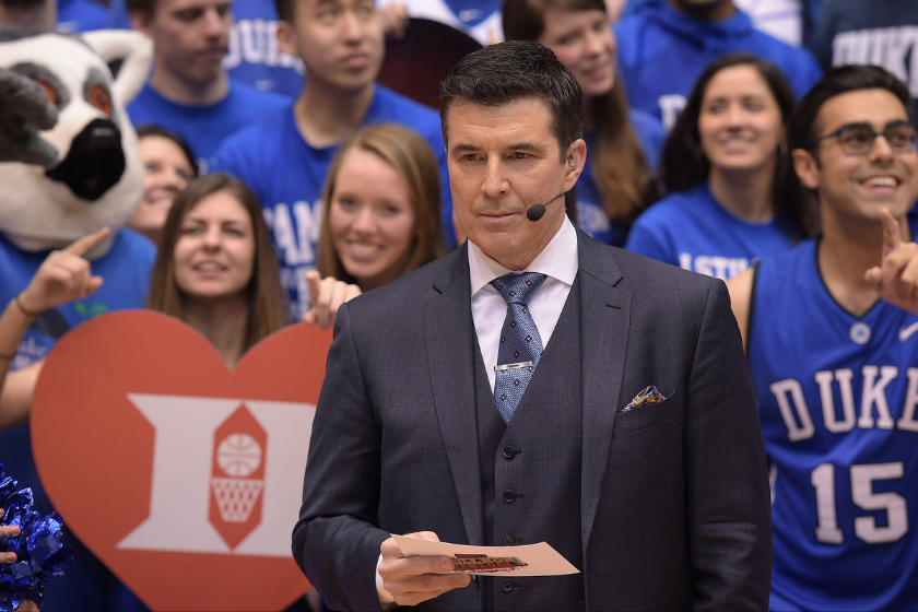 ESPN College GameDay host Rece Davis looks on ahead of the game between the North Carolina Tar Heels and the Duke Blue Devils