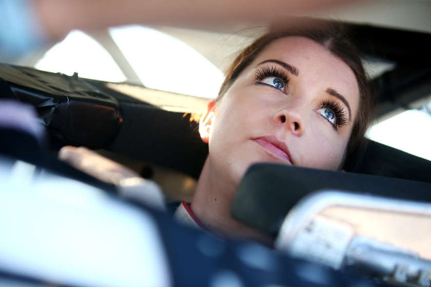 Amber Balcaen looks on during qualifying for the NASCAR K&N Pro Series East Jet Tools 150 at New Smyrna Speedway on February 19, 2017 in New Smyrna Beach, Florida