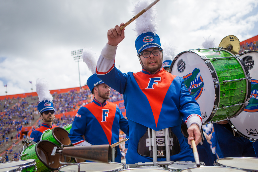 A member of the University of Florida marching band before a college football game between the Tennessee Volunteers and the Florida Gators