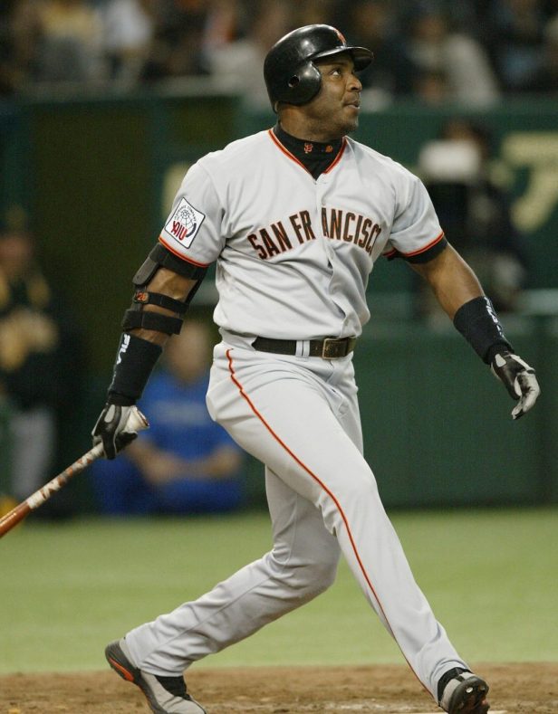 Barry Bonds swings during a 2002 game.