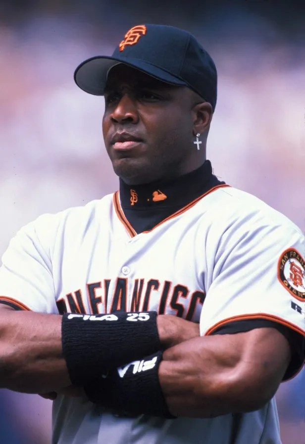 Barry Bonds poses before a 2002 game.
