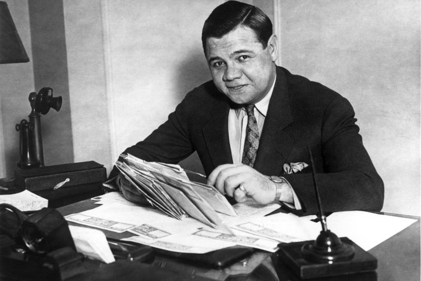 Babe Ruth opens letter on his 34th birthday.