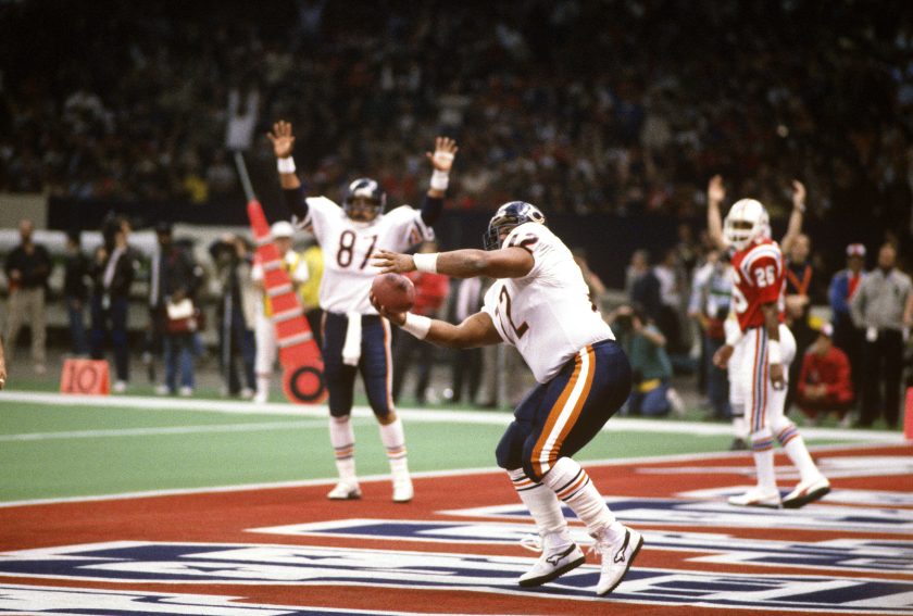 William Perry celebrates after scoring a touchdown against the New England Patriots during Superbowl XX.
