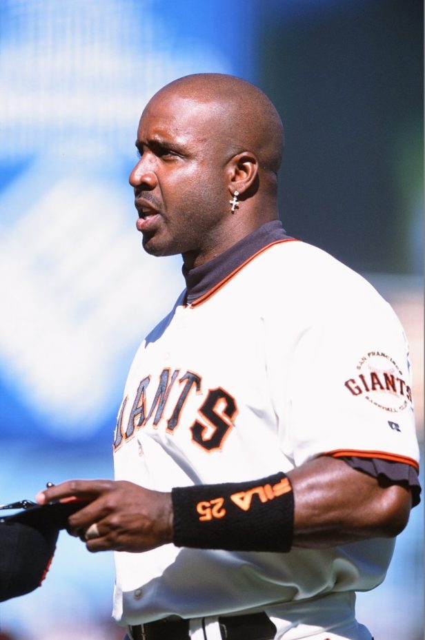Barry Bonds looks on during a 2001 game.