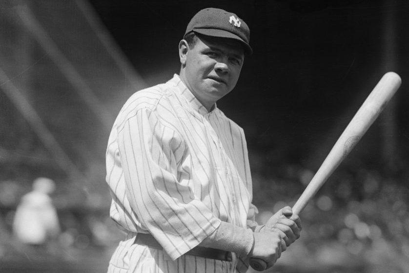 Babe Ruth warms up before a game in 1920.