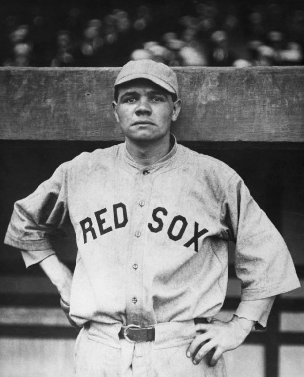 Babe Ruth wearing a Boston Red Sox uniform.