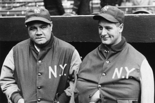 Babe Ruth stands next to Lou Gehrig in 1929.