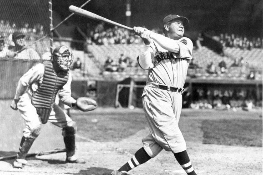 Babe Ruth swings during batting practice.
