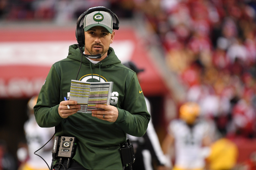 Head coach Matt LaFleur of the Green Bay Packers looks on from the sidelines in the first half against the San Francisco 49ers during the NFC Championship game at Levi's Stadium