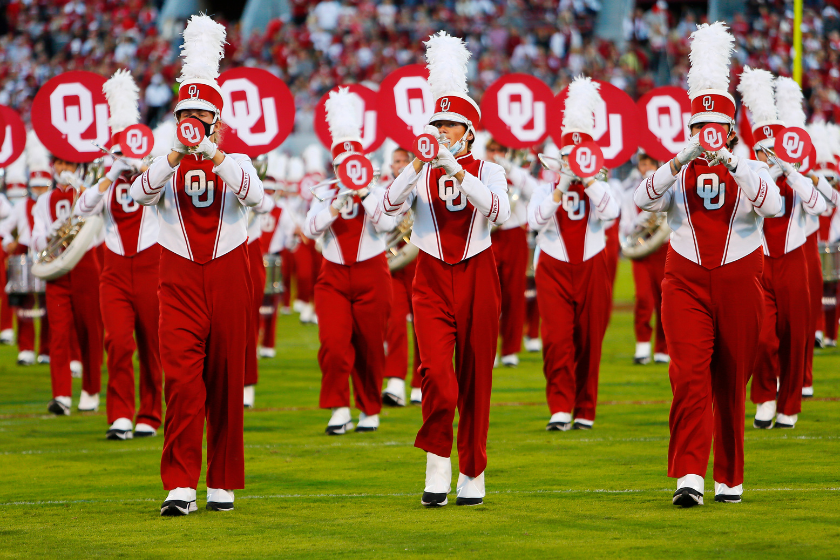 The Pride of Oklahoma Marching Band performs before a game between the Oklahoma Sooners and the Texas Christian University Horned Frogs 