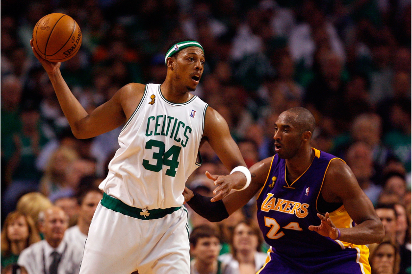 Paul Pierce looks for an open man against Kobe Bryant in the 2008 NBA Finals.