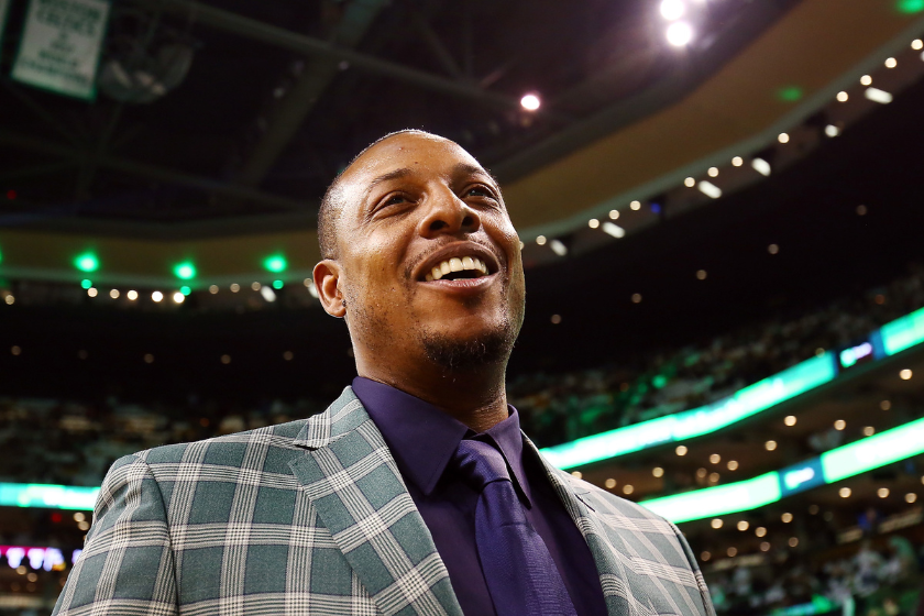 Paul Pierce at his jersey retirement in February 2018.