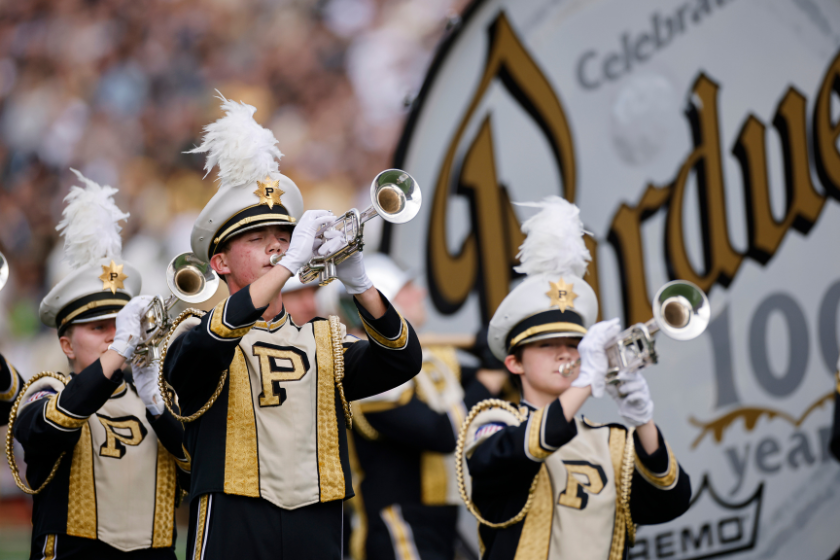 Purdue Boilermakers marching band performs before a college football game against the Wisconsin Badgers