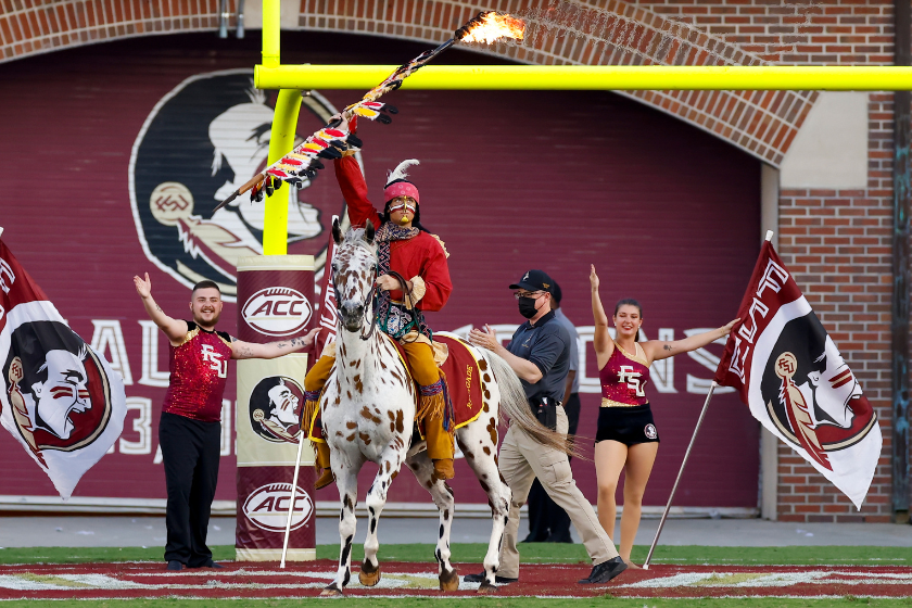 Chief Osceola and Renegade ride onto the field before a Florida State game against Notre Dame.