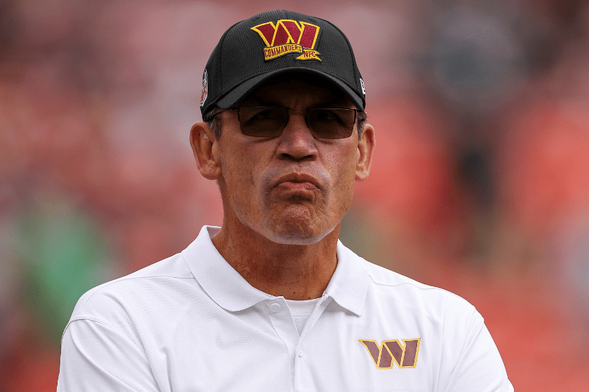 Head coach Ron Rivera of the Washington Commanders looks onward during pregame at FedExField