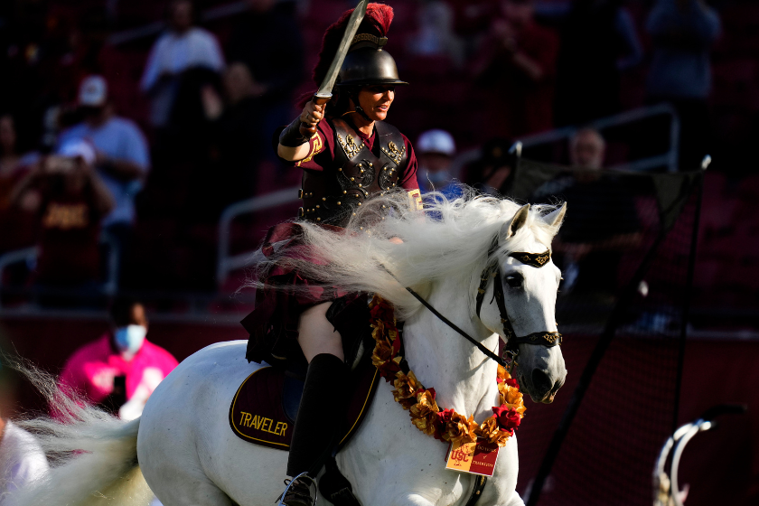 Traveler gallops on the field prior to a USC game.