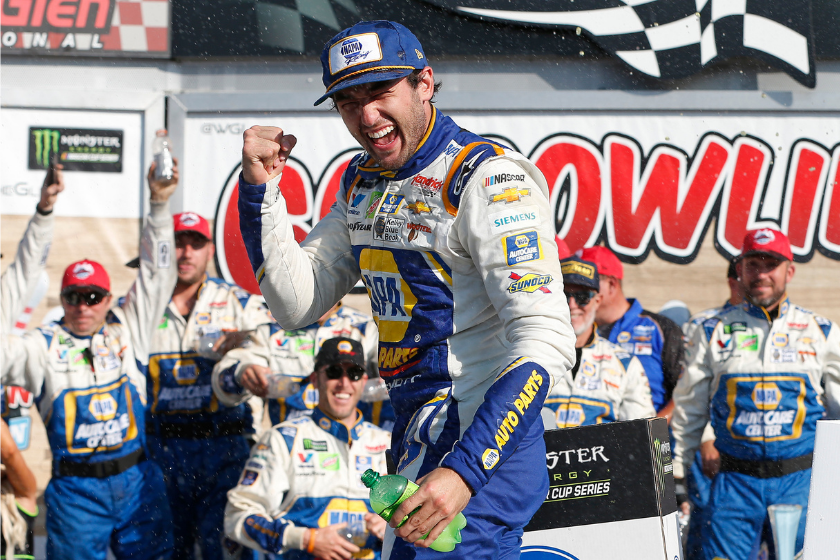Chase Elliott celebrates in Victory Lane after winning the Monster Energy NASCAR Cup Series Go Bowling at The Glen at Watkins Glen International on August 04, 2019 in Watkins Glen, New York
