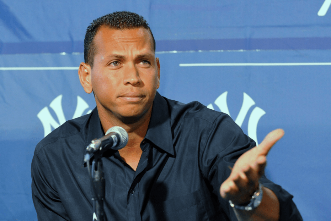 Infielder Alex Rodriguez of the New York Yankees pauses during a press conference about his performance enhancing drug use