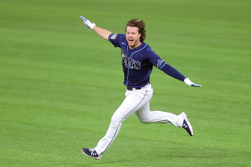 Brett Phillips celebrates his World Series walk-off hit for the Tampa Bay Rays