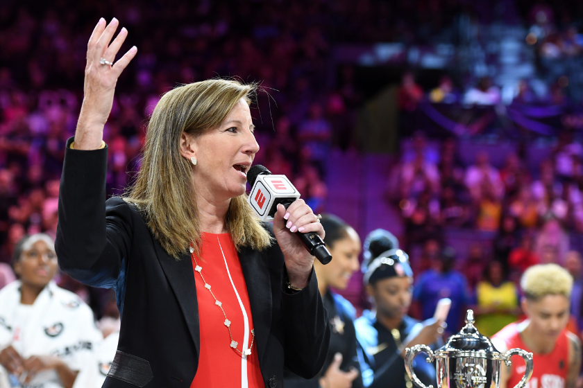 WNBA Commissioner Cathy Engelbert addresses the crowd after the 2019 WNBA All-Star Game.