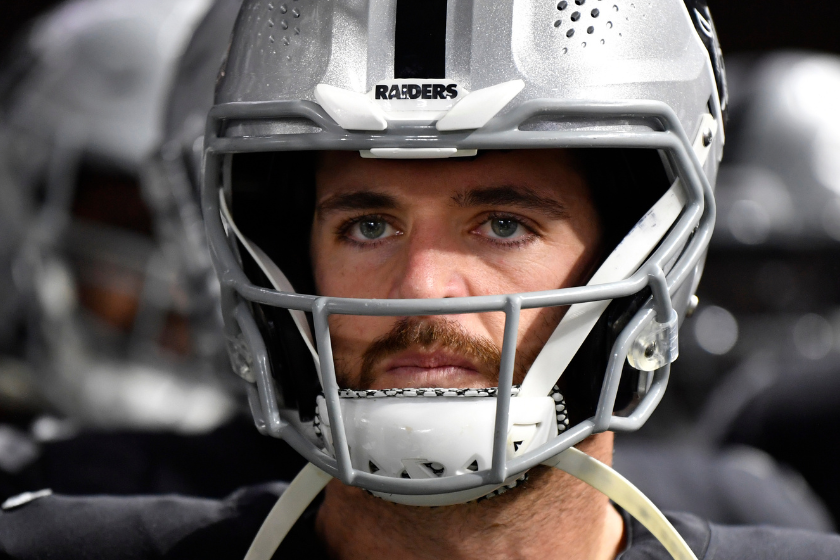 Quarterback Derek Carr #4 of the Las Vegas Raiders prepares to take the field before a game against the Los Angeles Chargers