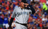 Felix Hernandez of the Seattle Mariners reacts to surrendering a run.