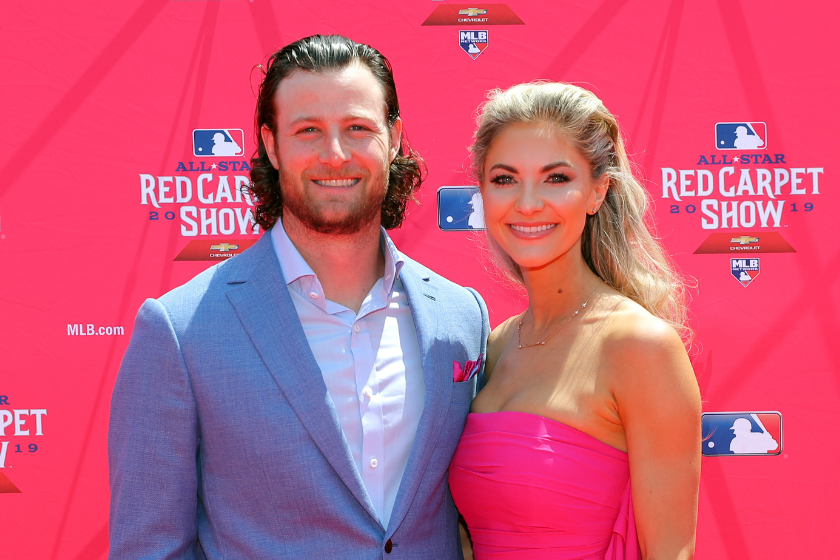 Gerrit Cole #45 of the Houston Astros poses with his wife during the MLB Red Carpet Show presented by Chevrolet at Progressive Field 