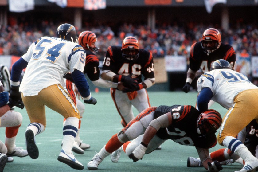 A Bengals running back carries the ball against the Chargers in 1982.