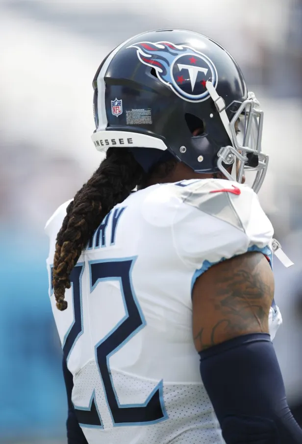 Derrick Henry looks on during a Titans game in 2021.