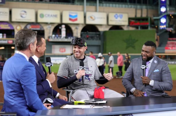 David Ortiz smiles on set for Fox during the 2021 World Series.