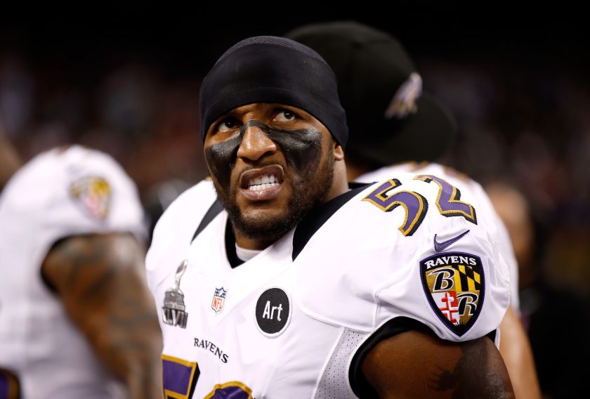 Ray Lewis grins during the Super Bowl in 2013.