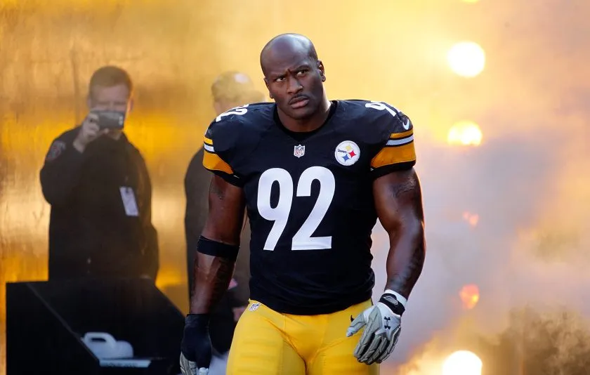 James Harrison walks out before a Steelers game in 2015.